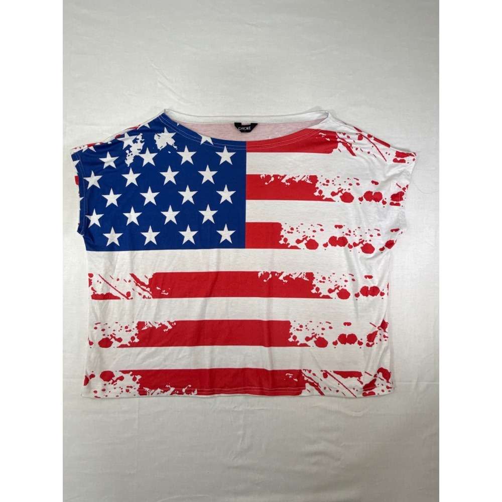 Chicme Womens American Flag Distressed Splatter Print Top Red White Blue Large